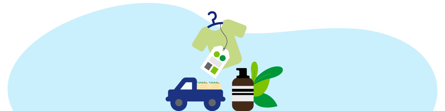 Grafik mit grünem T-Shirt, Etikett, Lastwagen mit Kisten, Shampoo-Flasche und grünen Blättern auf blauem Hintergrund.