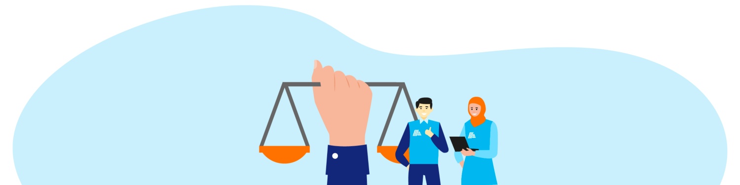 Grafik einer Hand mit Waage, daneben zwei Mitarbeitende in blauen Uniformen, eine Frau mit Kopftuch und Laptop.