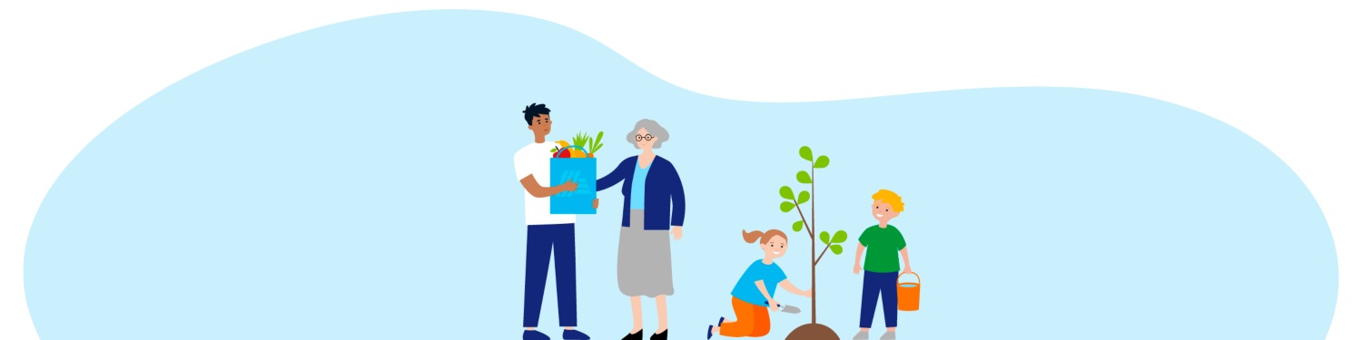 Grafik mit Mann, der einer älteren Frau eine Einkaufstasche überreicht, und zwei Kindern, die einen Baum pflanzen.
