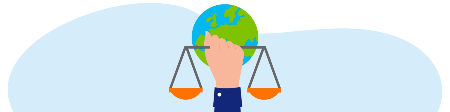 Grafik einer Hand, die eine Waage vor dem Globus der Erde hält.