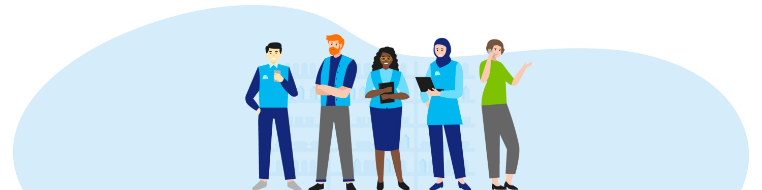 Illustration von fünf diversen Fachkräften in blauer Arbeitskleidung, die verschiedene Aufgaben ausführen.