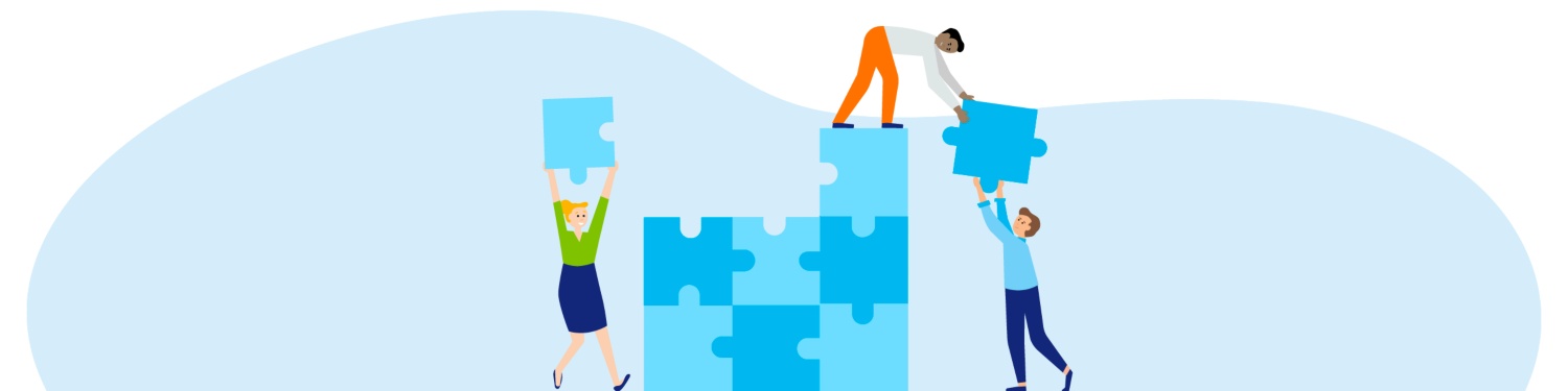 Illustration von drei Menschen, die zusammen große Puzzleteile stapeln, um daraus ein Quadrat zu formen.