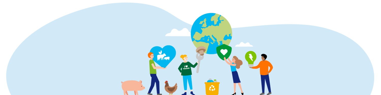 Personen halten Symbole für Tierschutz, Recycling und grüne Energie vor einer Weltkugel hoch. Im Vordergrund ein Schwein und ein Huhn.