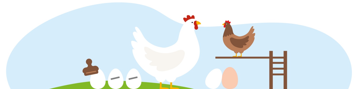 Eine Grafik von Legehennen auf einer Sitzstange und Eiern, die gestempelt werden.