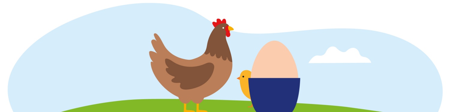 Eine Grafik von einem Huhn, Küken und Ei auf einer Wiese.