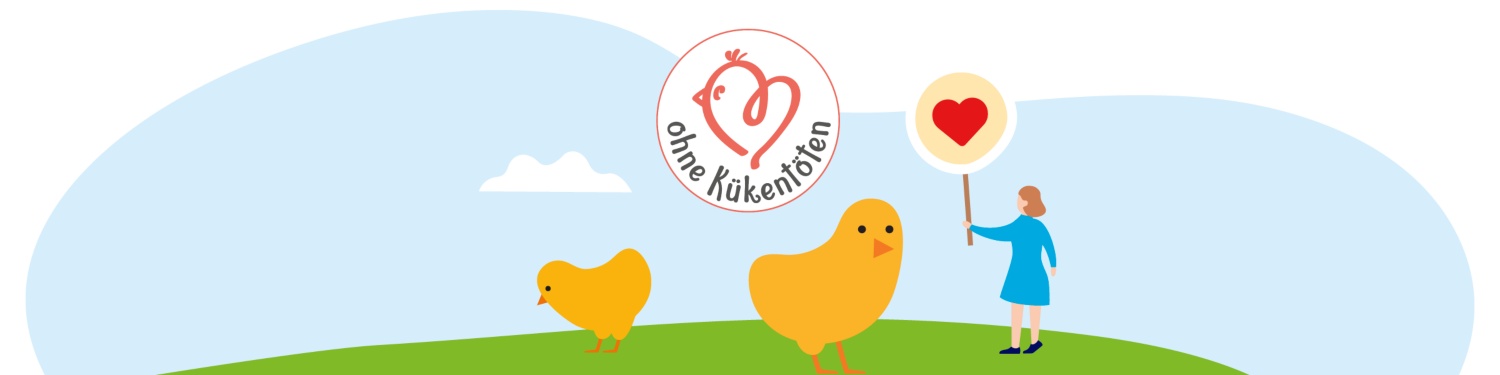 Eine Grafik von Küken auf einer Wiese mit dem Logo ohne Kükentöten.