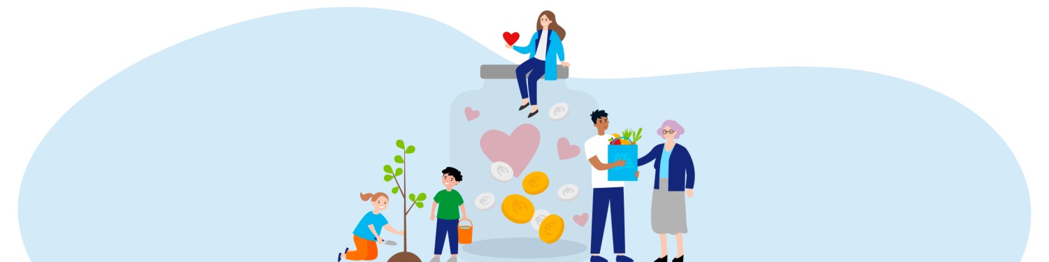 Eine Grafik mit Menschen, die einander helfen, mit einem großen Sparschwein in der Mitte.