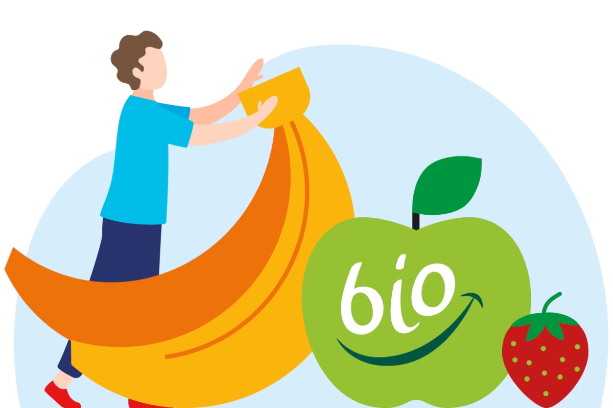 Eine Grafik mit Mensch und Bio-Obst.
