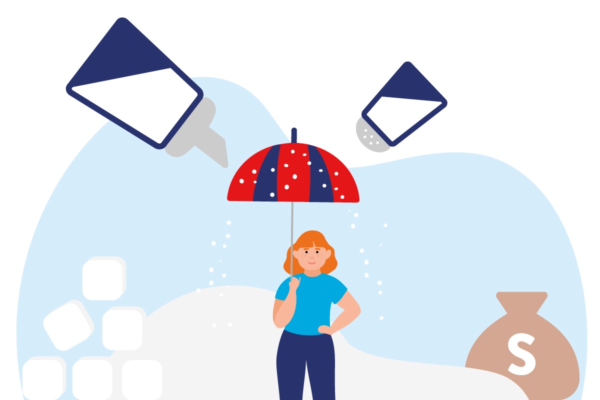 Grafik einer Frau mit Regenschirm, die aus Salz- und Zuckerstreuern berieselt wird.