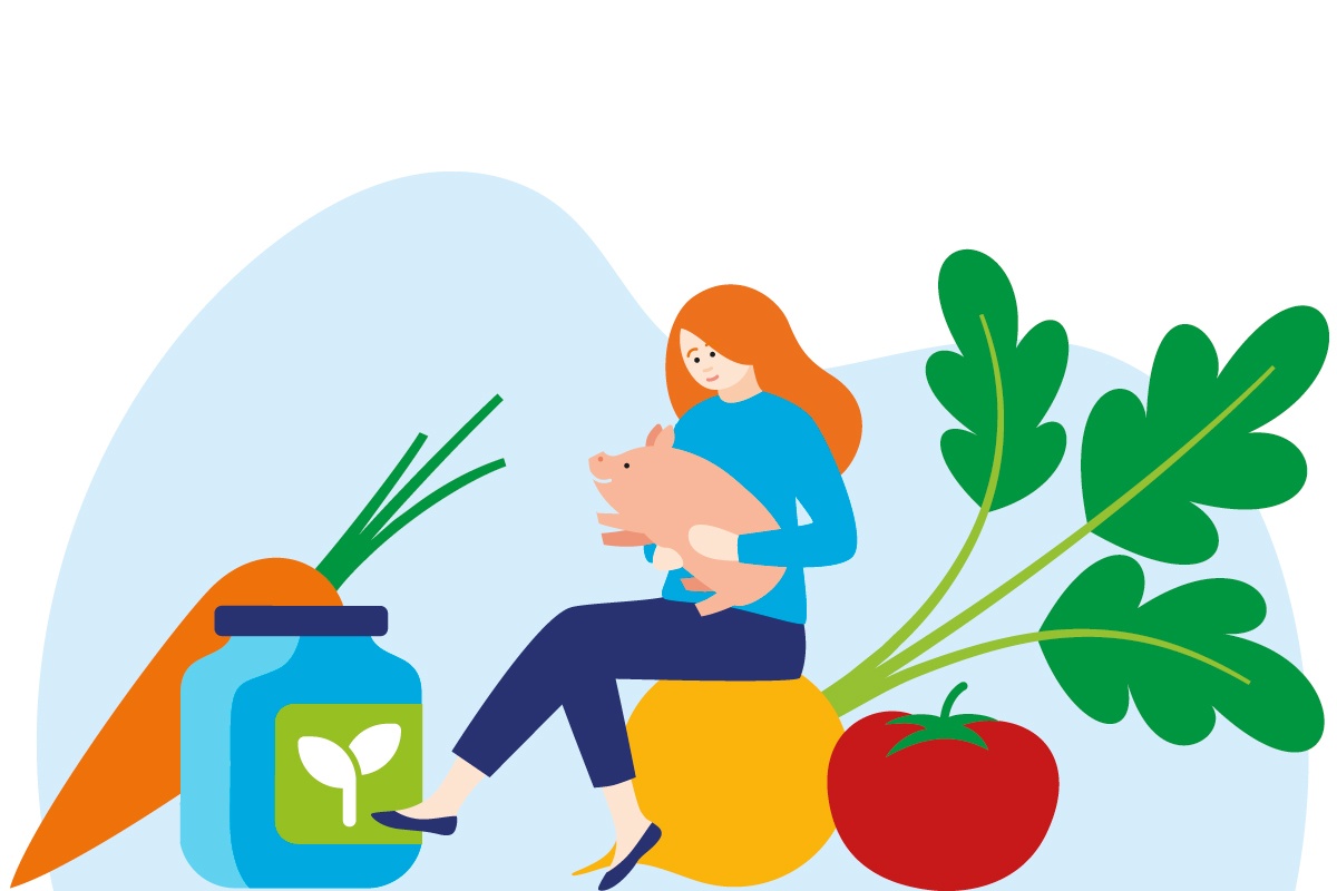 Grafik einer Frau, die auf großem Gemüse sitzt und ein Schwein im Arm hält.