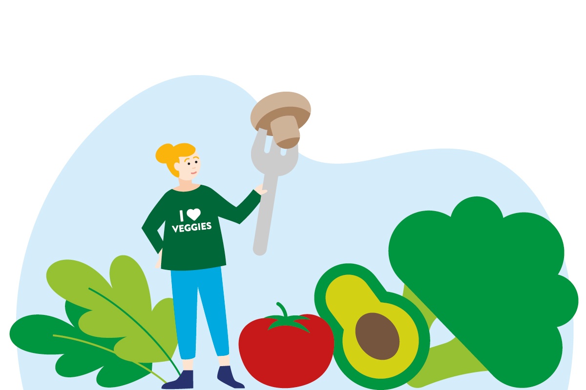 Eine Grafik einer Frau, die zwischen Gemüse steht.