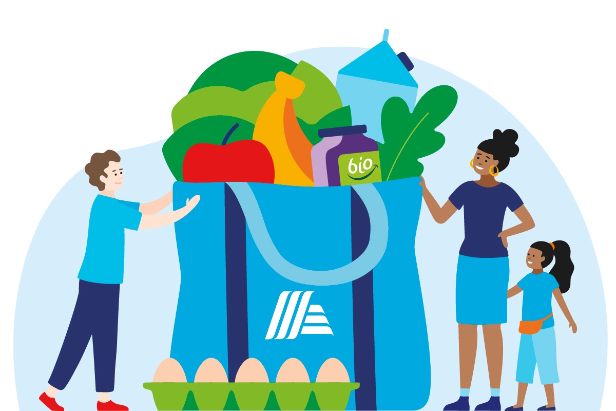 Eine Grafik einer ALDI SÜD Einkaufstasche, gefüllt mit Bio-Lebensmitteln.