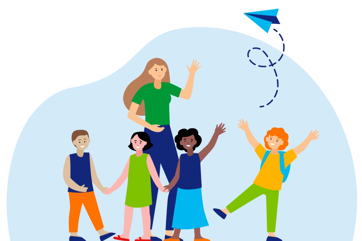 Grafik einer Frau, die mit Kindern und einem Papierflieger spielt.