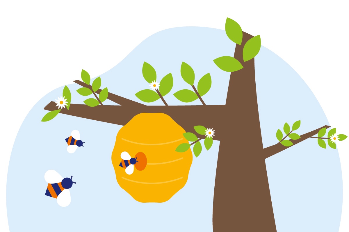 Baum mit Bienen und Bienennest.