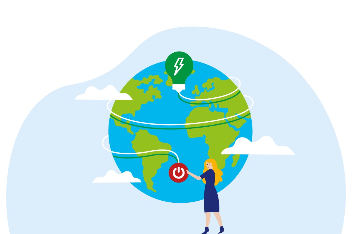 Grafik einer Frau, die auf den Powerknof der Weltkugel drückt.