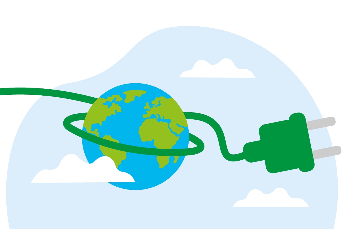Eine Grafik eines Stromkabels, das die Erde umschlingt.