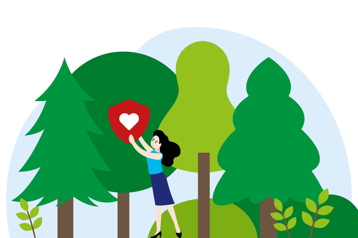 Eine Grafik von einer Frau die einem Wald ihr Herz schenkt.