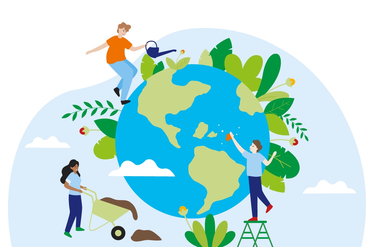 Grafik mit Menschen, die auf der Erdkugel gärtnern.