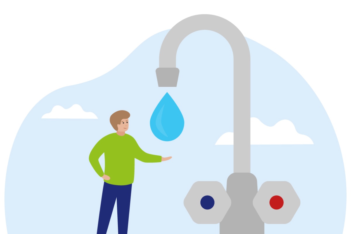 Grafik einer Person neben einem überdimensionalen und tropfenden Wasserhahn.
