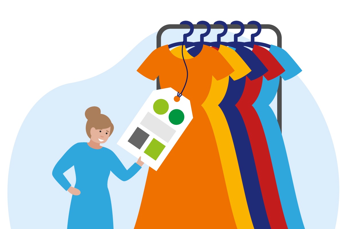 Grafik Frau liest Nachhaltigkeitssiegel an Kleidern.