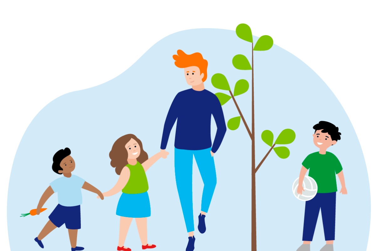 Grafik von Kindern, die Hände haltend um einen jungen Baum herum stehen.