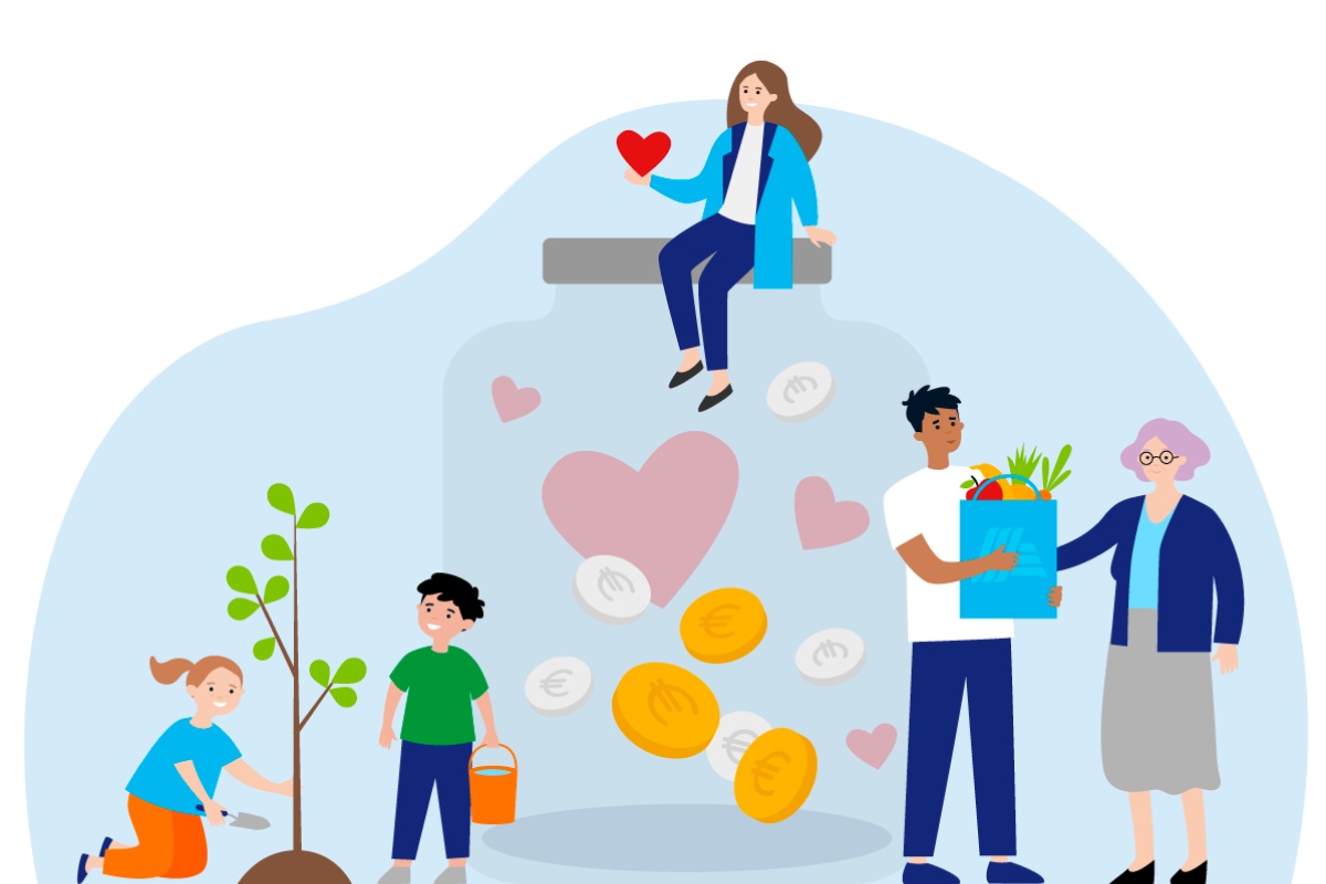 Eine Grafik von Menschen, die einander helfen, mit einem großes Sparschwein in der Mitte.