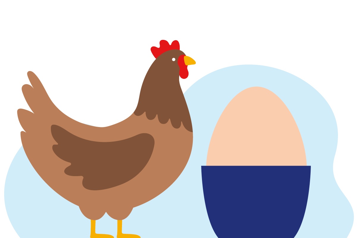 Eine Grafik von einem Huhn, Küken und Ei auf einer Wiese.