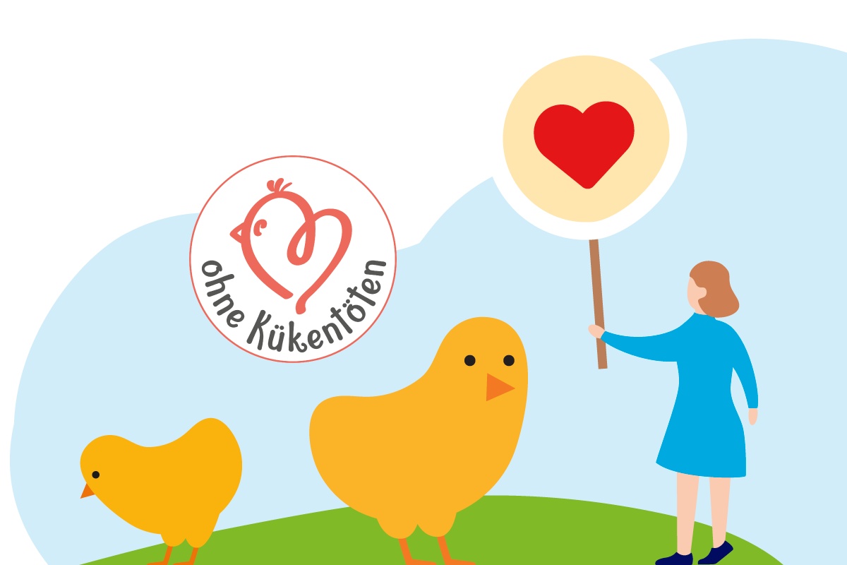 Eine Grafik von Küken auf einer Wiese mit dem Logo - ohne Kükentöten.