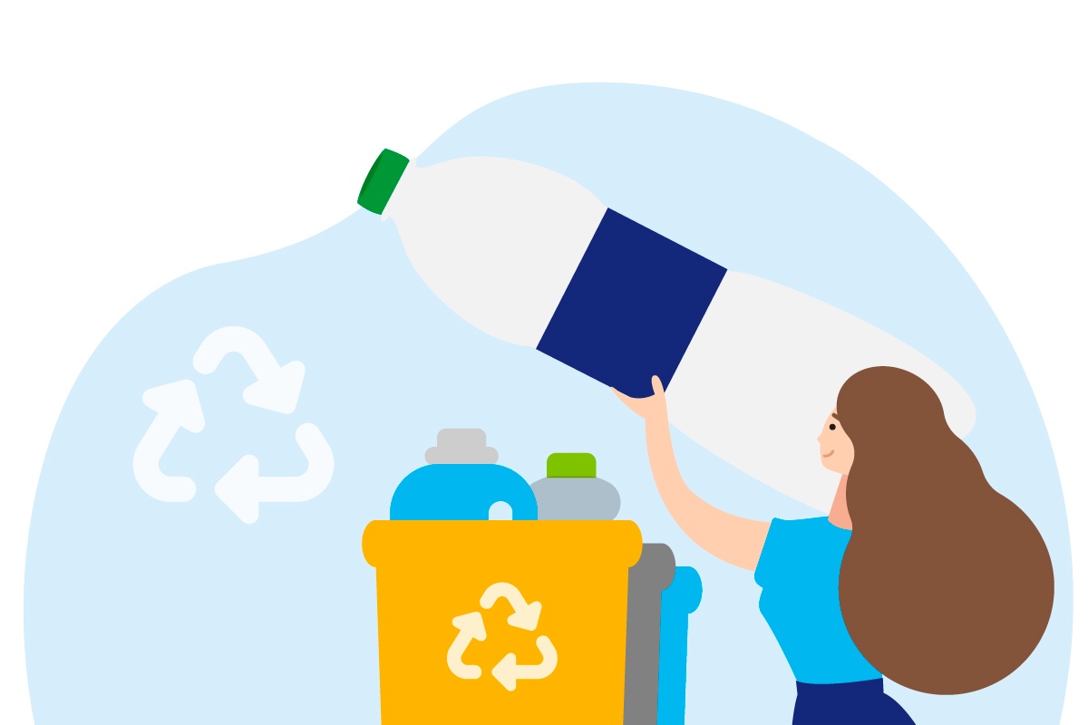 Grafik einer Frau, die eine PET-Flasche in den richtigen Abfallbehälter sortiert.