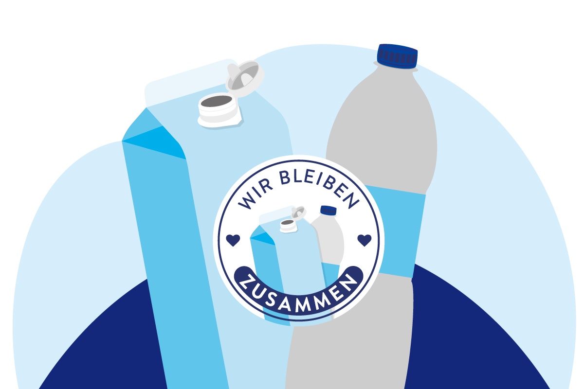 Grafik von PET-Flaschen und Milchverpackungen mit Tethered Caps.