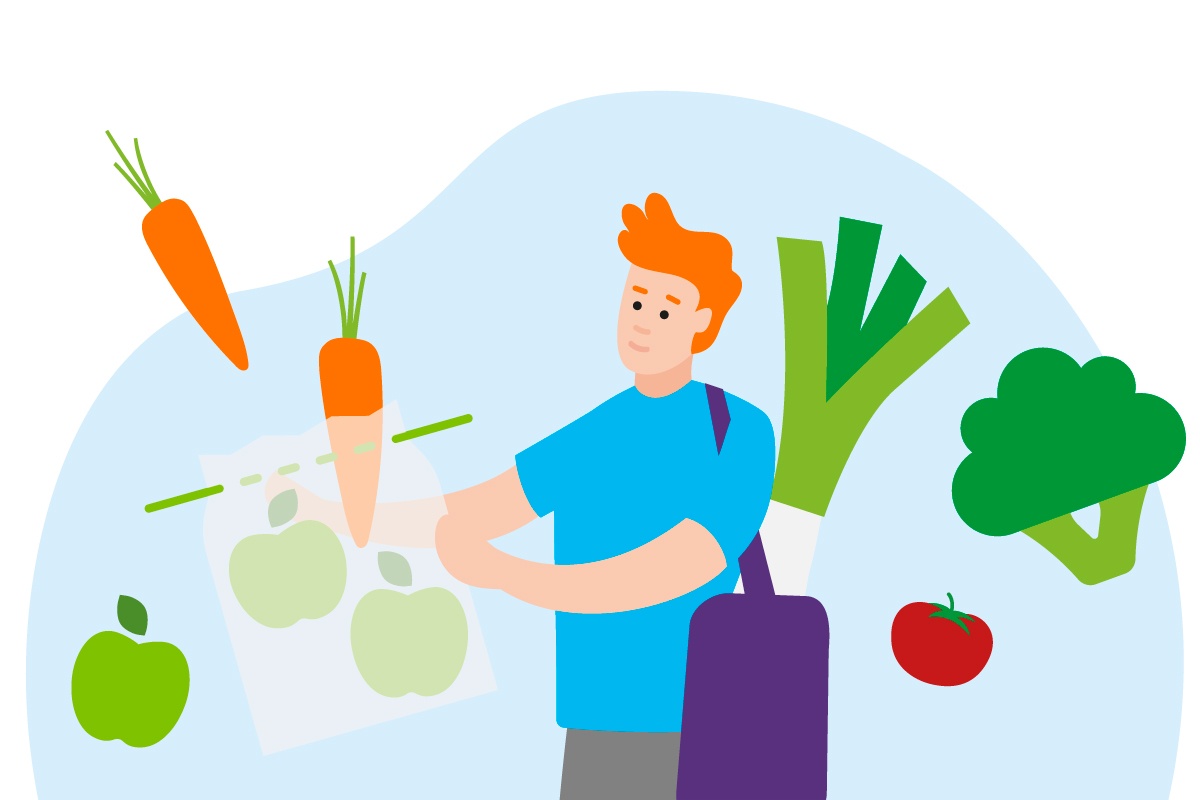 Eine Grafik einer Person, die auf nachhaltige Verpackungslösungen zurückgreift.