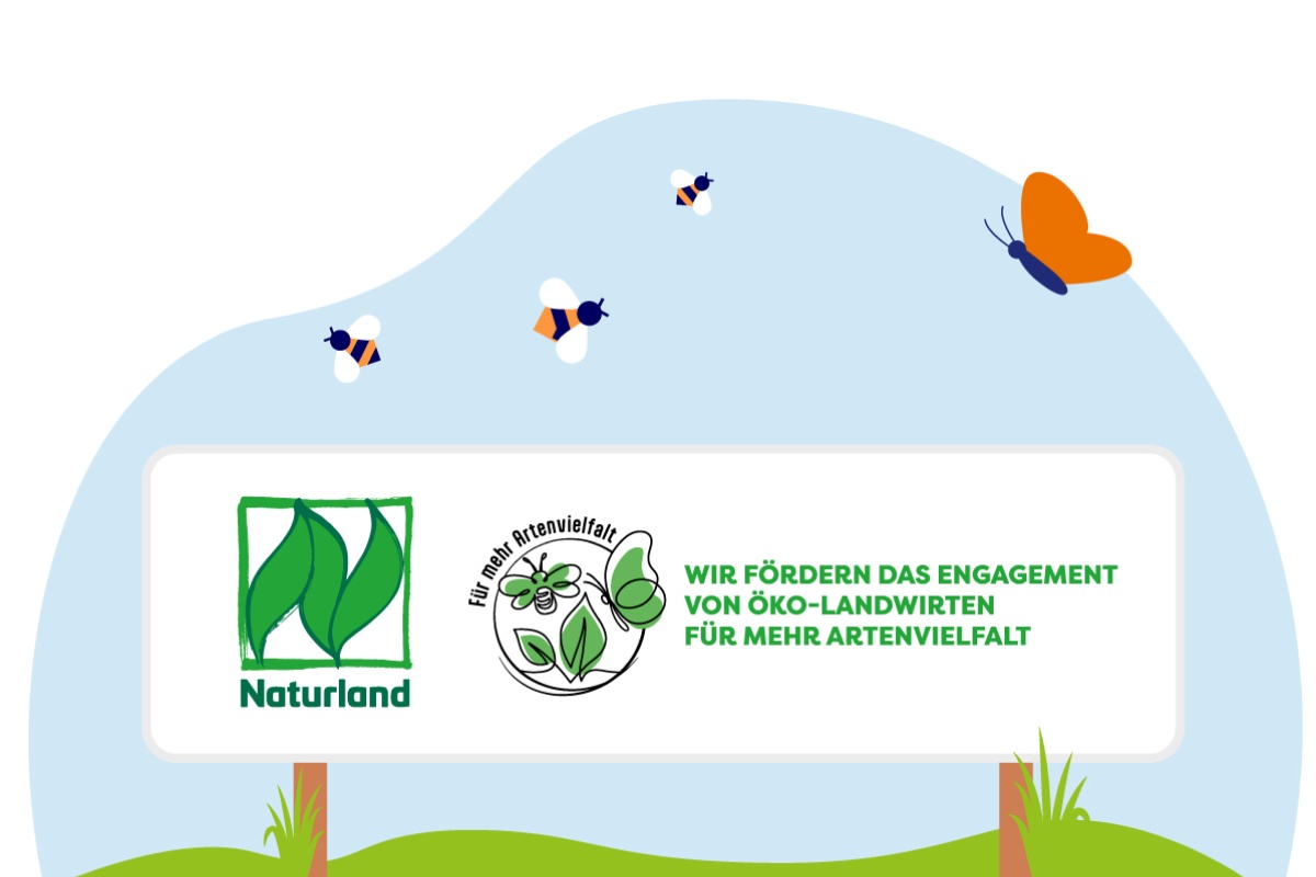 Illustration eines Schilds mit dem Naturland Logo, neben dem Bienen und ein Schmetterling fliegen.