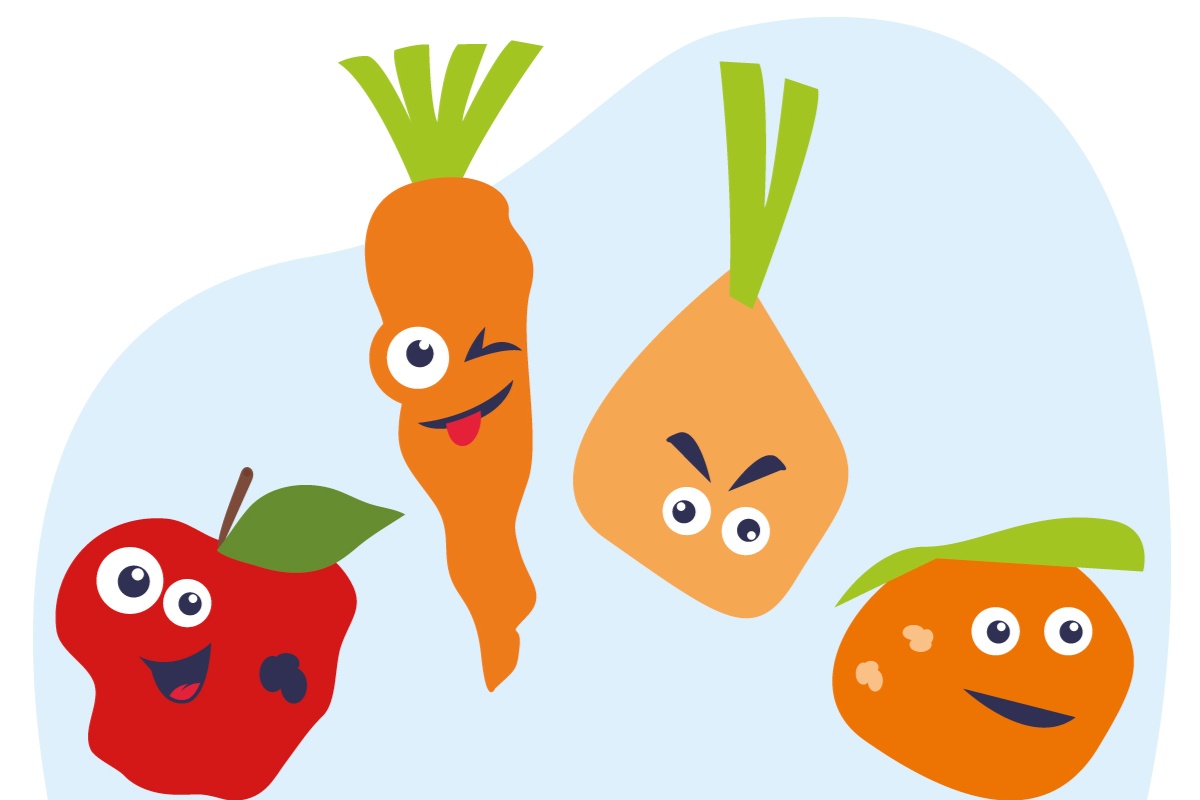 Grafik von lustigem Gemüse und Obst mit Gesichtern.