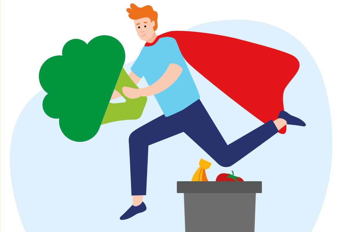 Eine Grafik eines jungen Mannes, der mit Superheldenumhang einen Brokkoli vor der Mülltonne rettet.