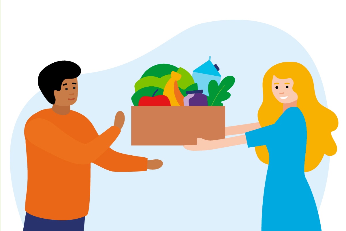 Grafik in der eine Frau einem Mann eine Kiste voller gespendeter Lebensmittel überreicht.