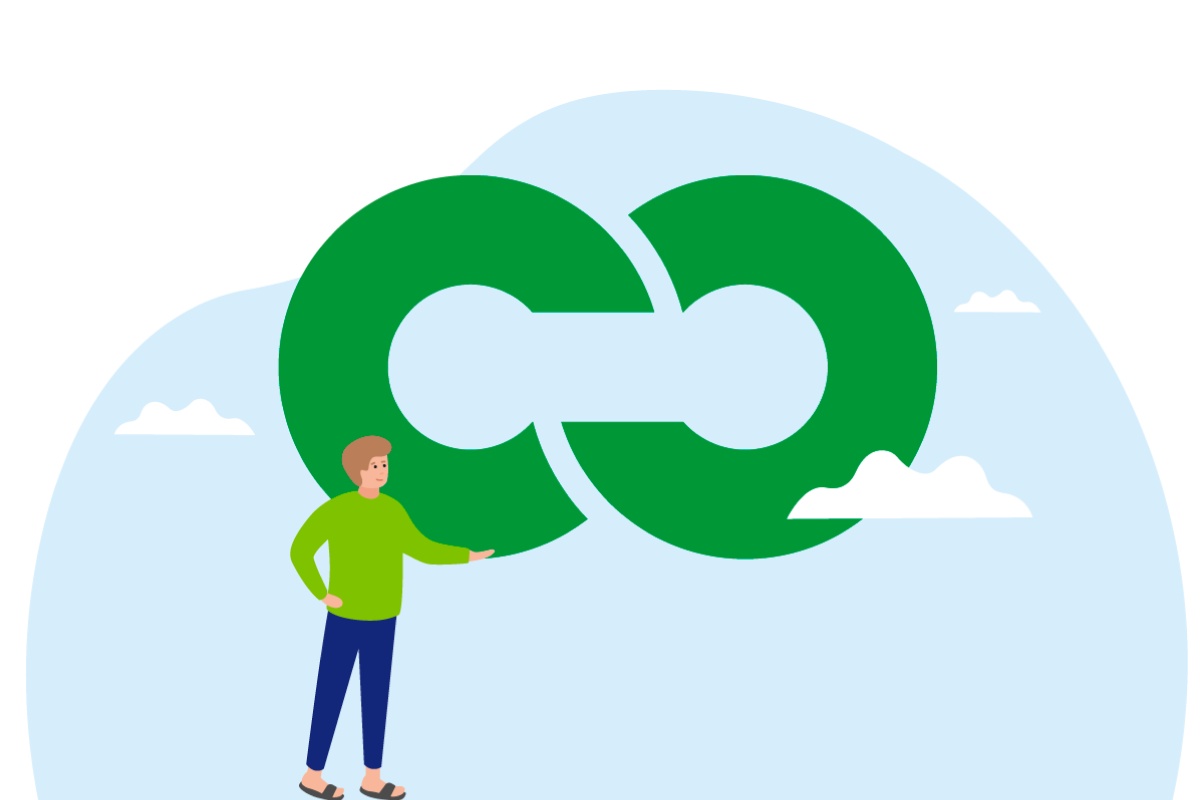 Illustration einer Person in grüner Kleidung, die ein grünes Unendlichkeitssymbol vor einem blauen Himmel hält.