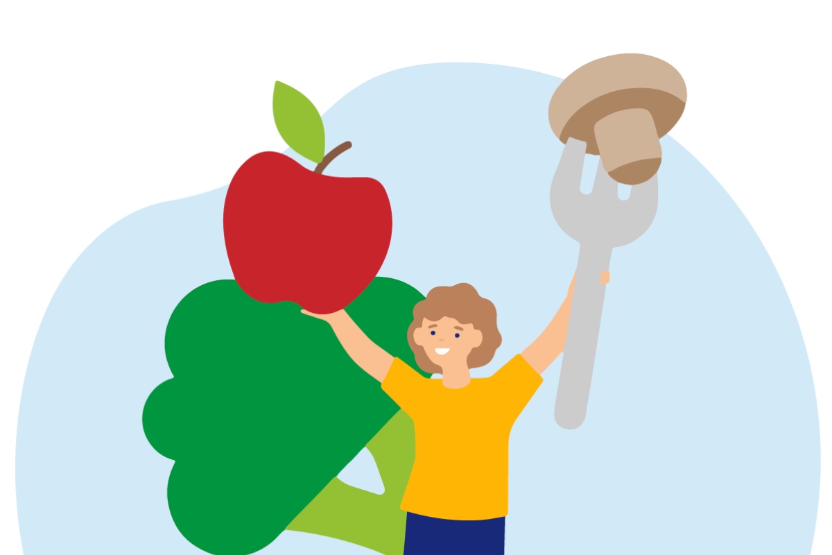 Grafik einer Person, die einen übergroßen Apfel und einen überdimensionalen Pilz, aufgespießt auf einer überdimensionalen Gabel, hochhält. Im Hintergrund ein überdimensionaler Brokkoli.