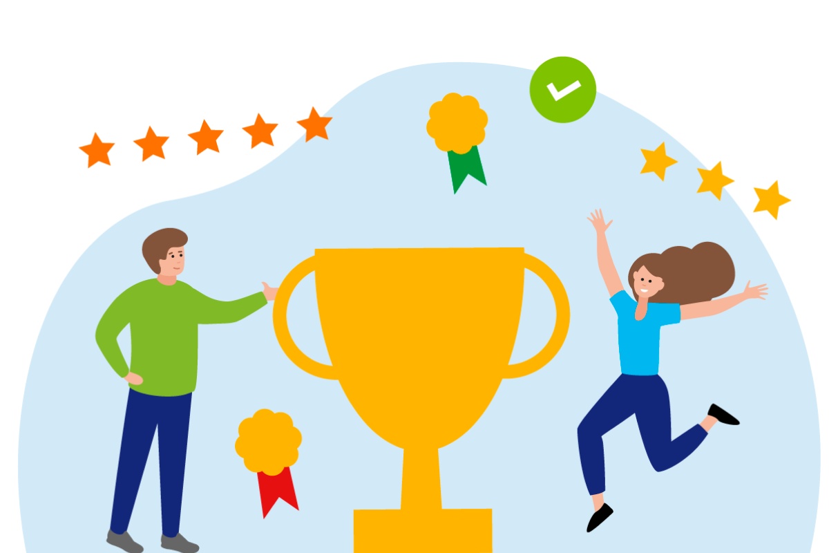 Eine Grafik von zwei Personen, die vor einem großen Pokal feiern, umgeben von Sternen und Auszeichnungen.