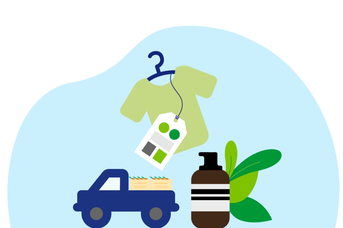 Grafik mit grünem T-Shirt, Etikett, Lastwagen mit Kisten, Shampoo-Flasche und grünen Blättern auf blauem Hintergrund.