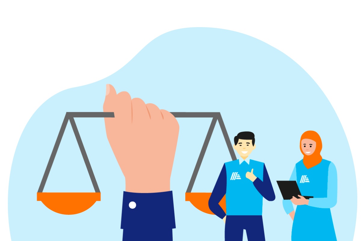 Grafik einer Hand mit Waage, daneben zwei Mitarbeitende in blauen Uniformen, eine Frau mit Kopftuch und Laptop.