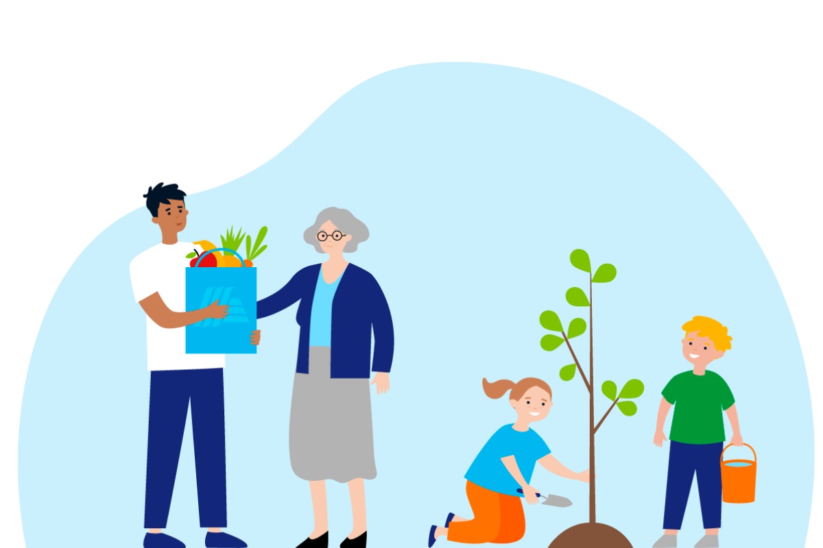Grafik mit Mann, der einer älteren Frau eine Einkaufstasche überreicht, und zwei Kindern, die einen Baum pflanzen.