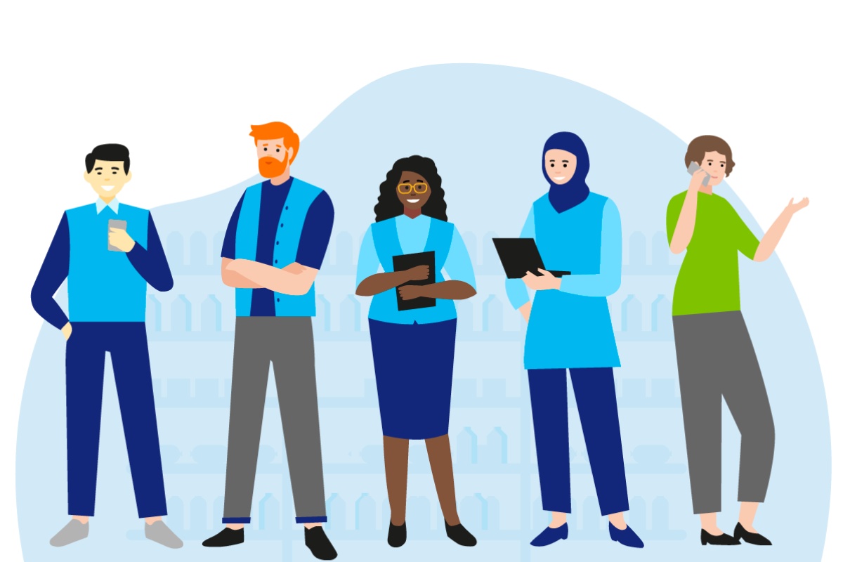 Illustration von fünf diversen Fachkräften in blauer Arbeitskleidung, die verschiedene Aufgaben ausführen.