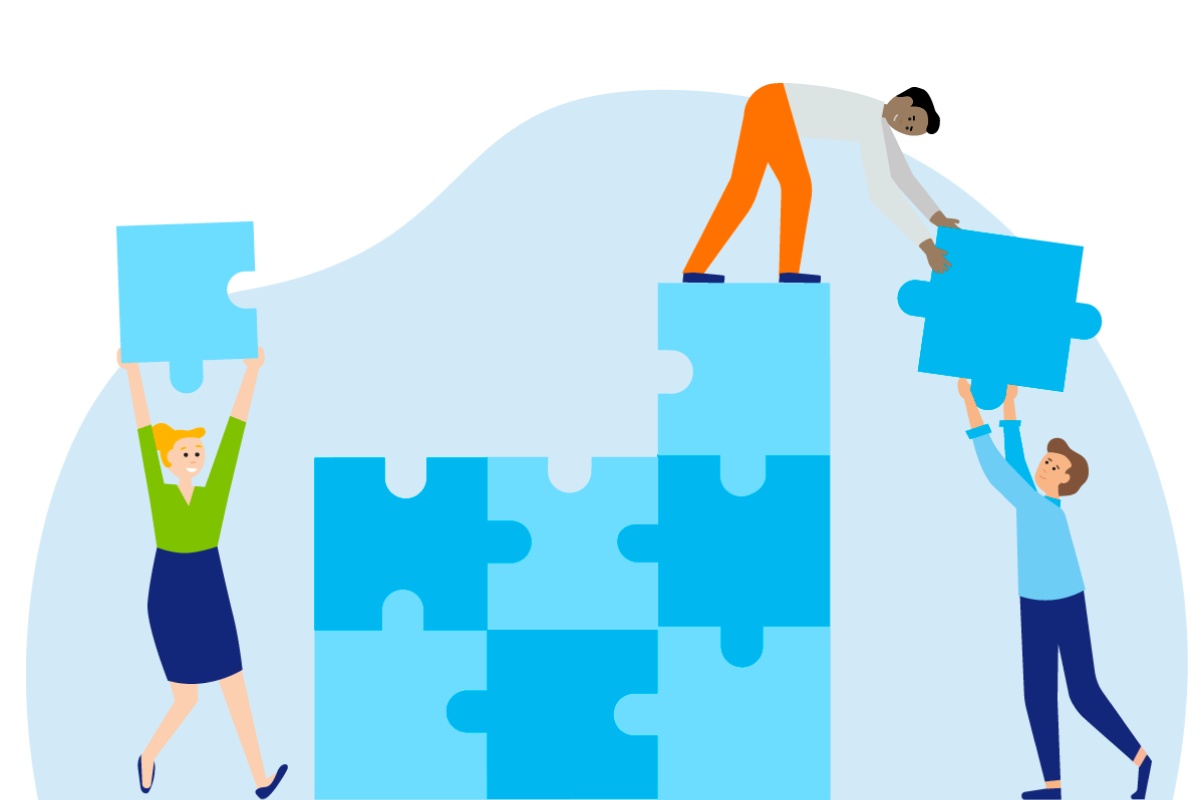 Illustration von drei Menschen, die zusammen große Puzzleteile stapeln, um daraus ein Quadrat zu formen.