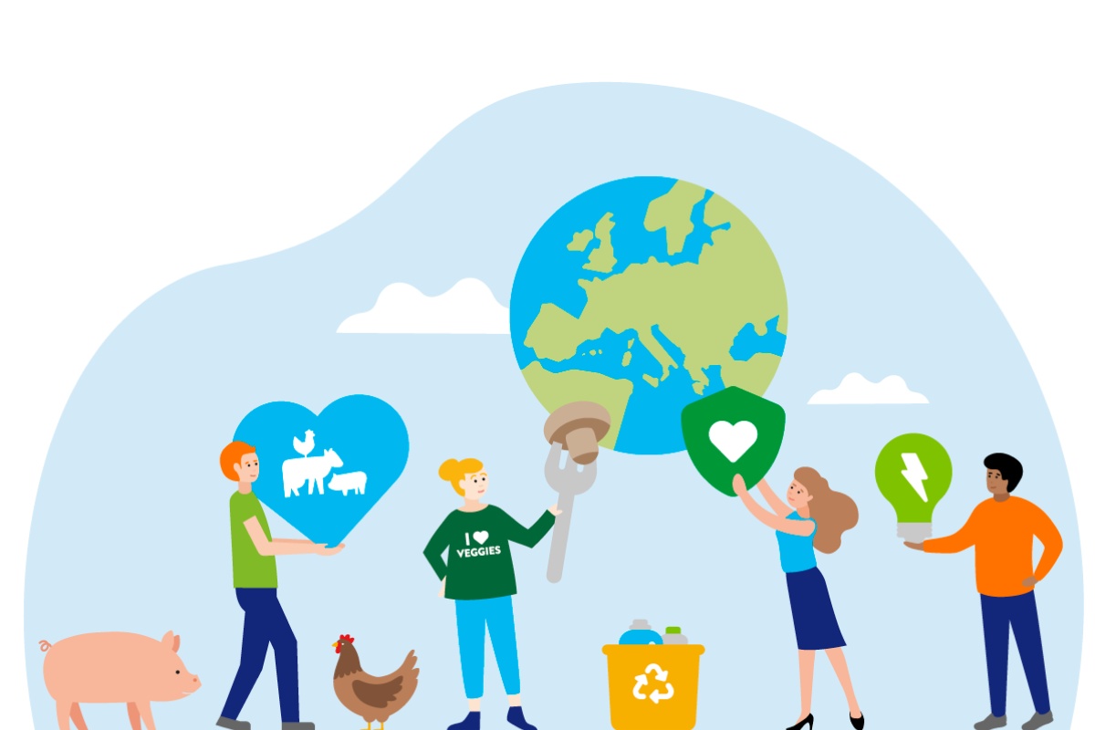 Personen halten Symbole für Tierschutz, Recycling und grüne Energie vor einer Weltkugel hoch. Im Vordergrund ein Schwein und ein Huhn.
