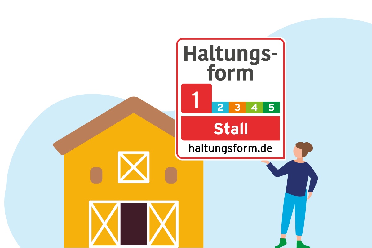 Grafik einer Frau, die vor einem Stall steht.