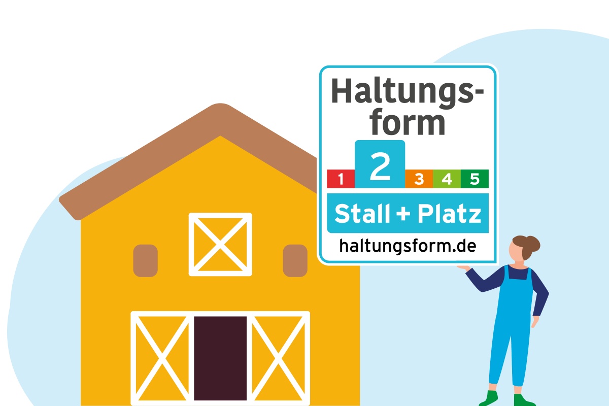 Grafik einer Frau, die vor einem Stall steht.