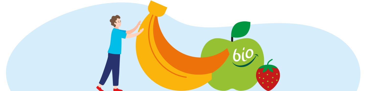 Eine Grafik mit Mensch und Bio-Obst.