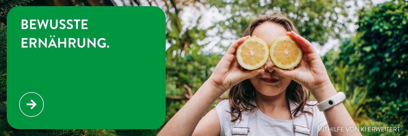 Ein junges Mädchen hält sich zwei Zitronenhälften als Brille vor die Augen.