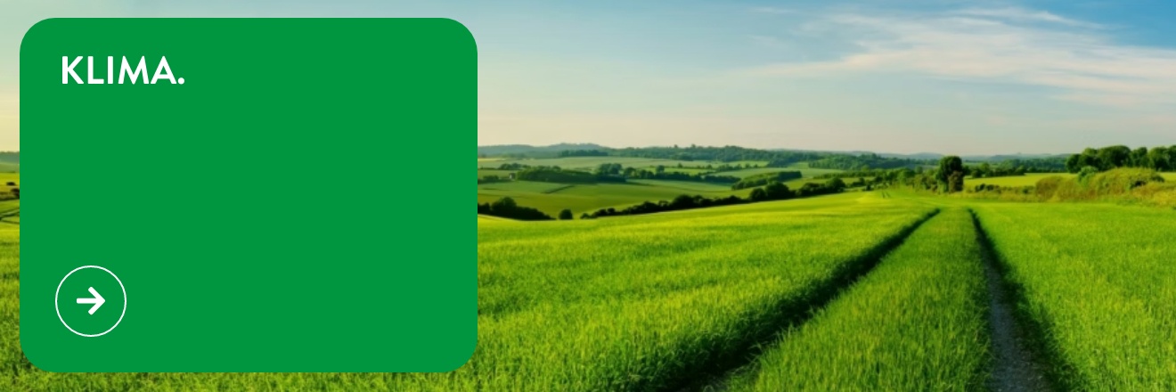 Weitblick über grüne Felder unter blauem Himmel.