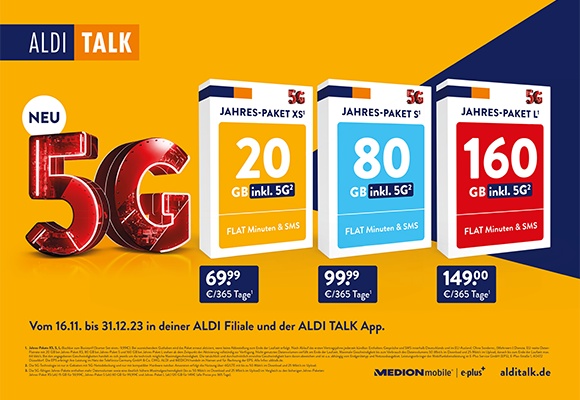 ALDI TALK führt neue Jahres-Pakete mit mehr Datenvolumen und 5G ein